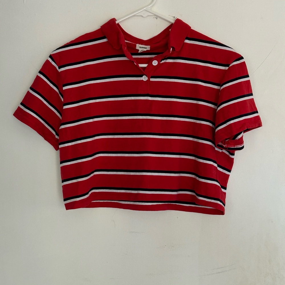 Garage Red White Striped Cropped Polo Shirt Baby Tee Y2K Preppy Size S